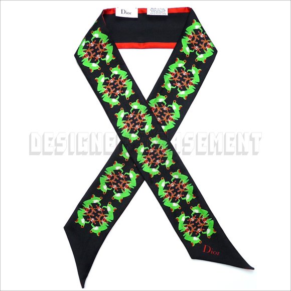 CHRISTIAN DIOR black Frogs by Chris Martin MITZAH skinny 2-sided Silk scarf NIB - Picture 2 of 4